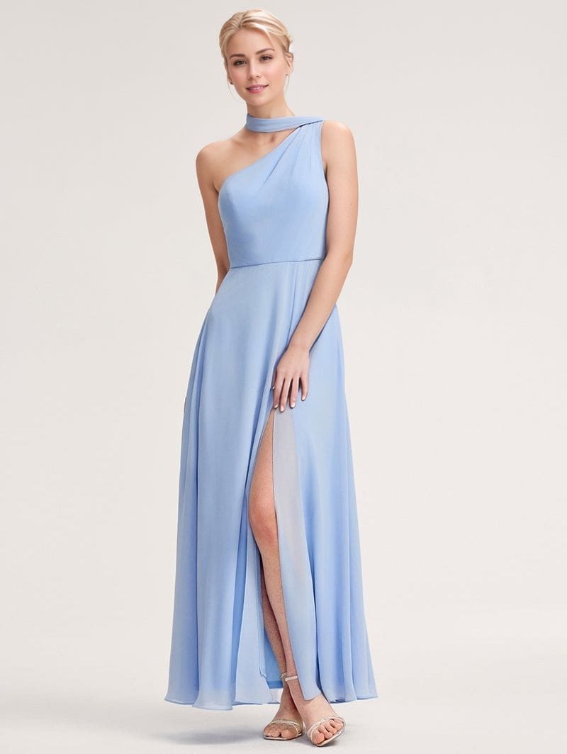 Robe demoiselle d'honneur bleue à une épaule