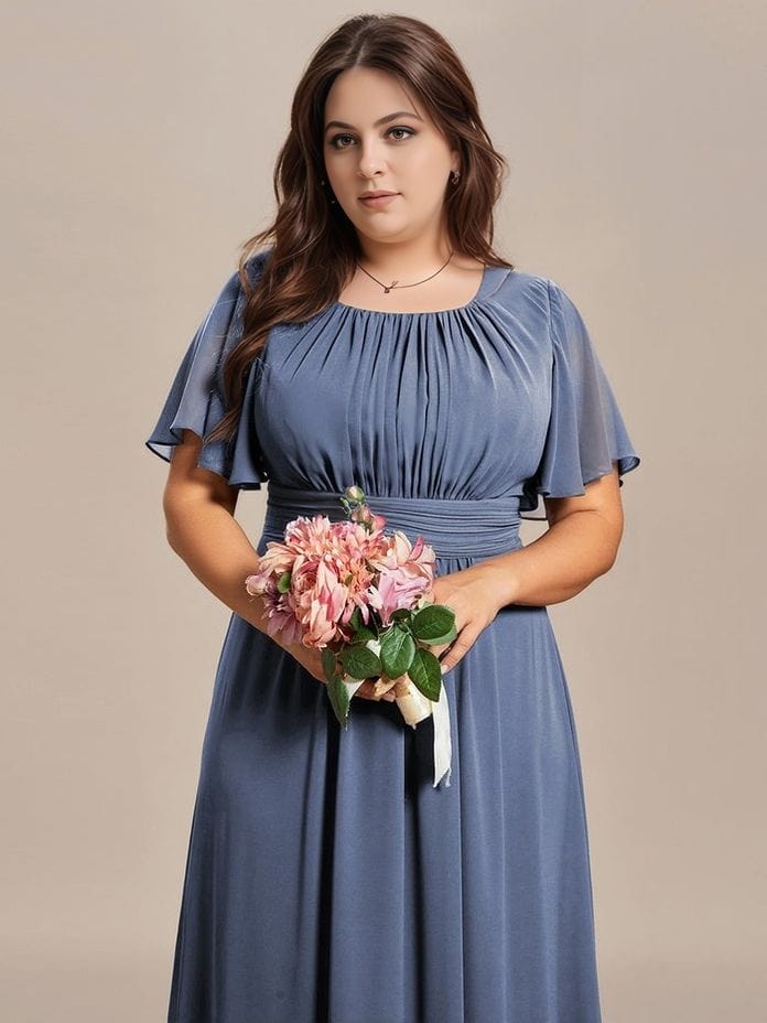 Robe demoiselle d'honneur bleue grande taille manches courtes