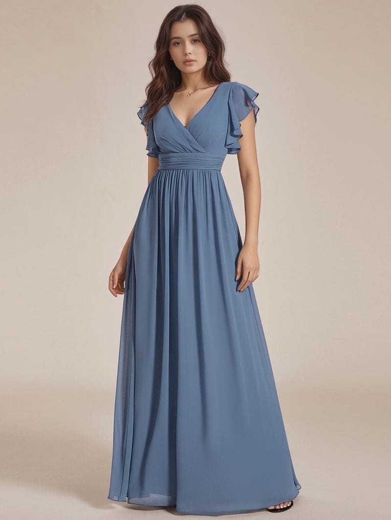 Robe demoiselle d'honneur bleue longue avec ceinture et volants