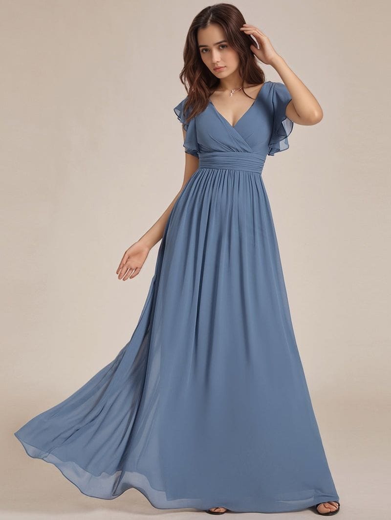 Robe demoiselle d'honneur bleue longue avec ceinture et volants