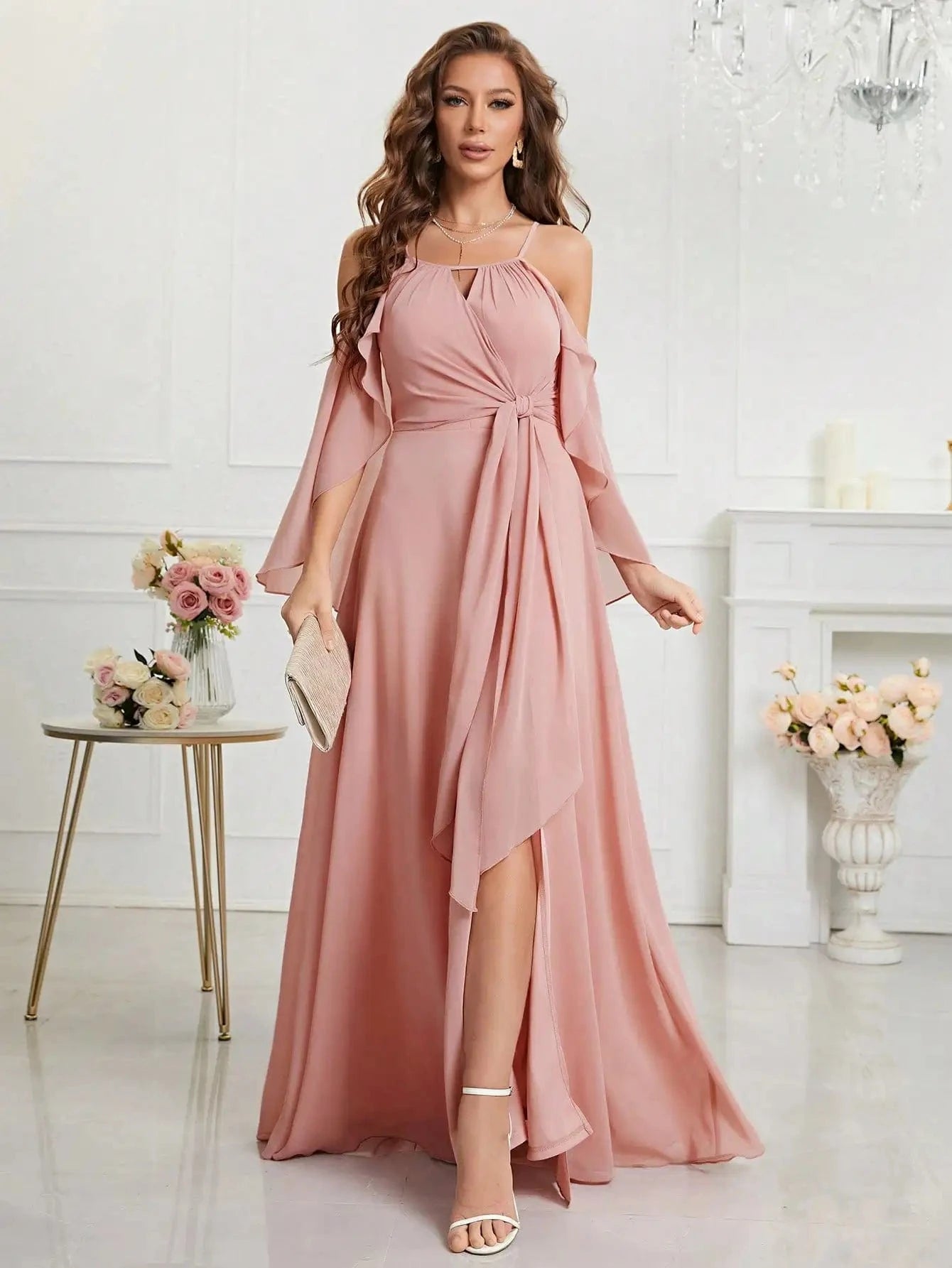robe demoiselle d'honneur bohème rose poudré longue fluide sans manches silhouette trapèze élégante