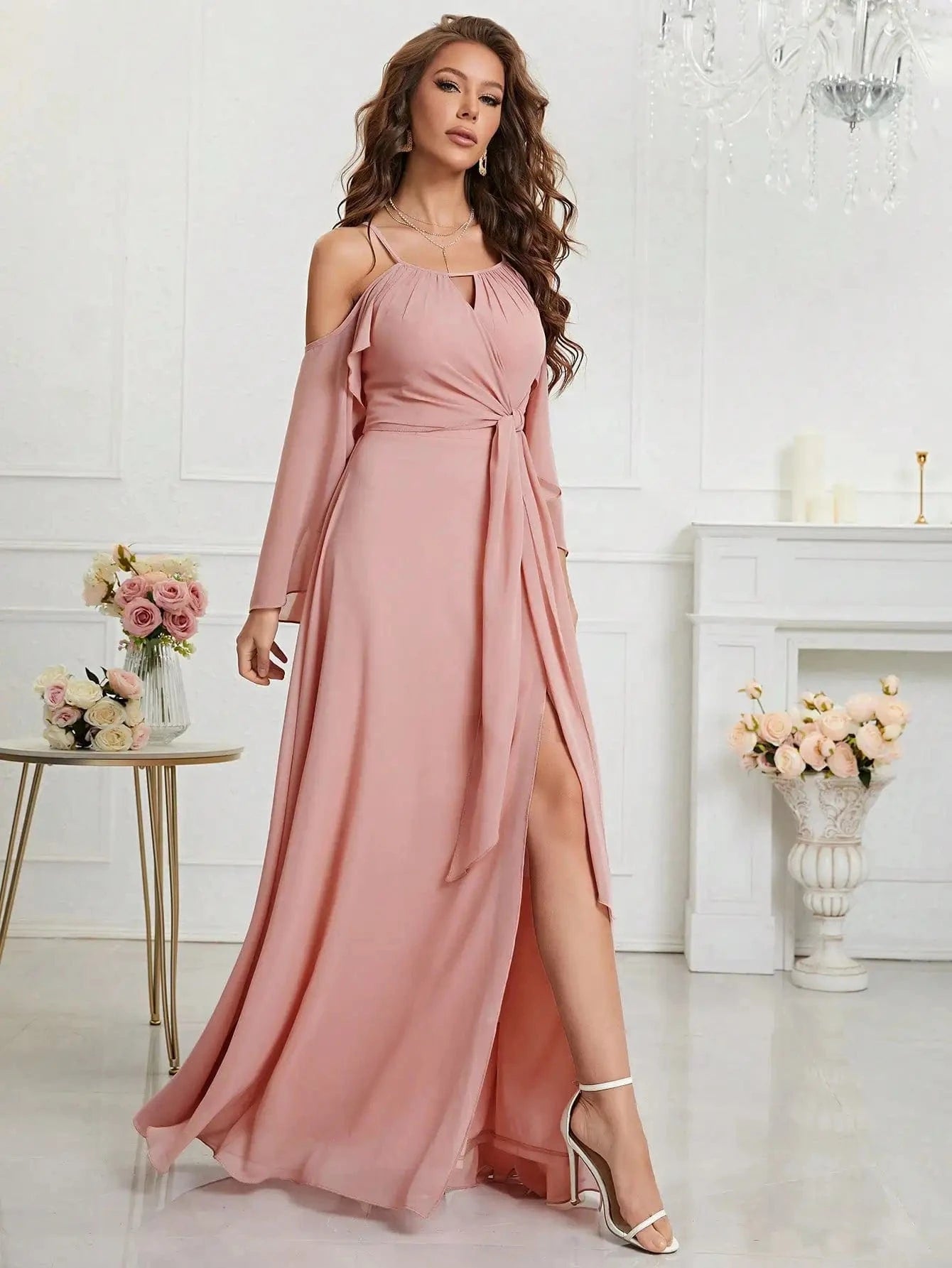 robe demoiselle d'honneur bohème rose poudré longue fluide sans manches silhouette trapèze