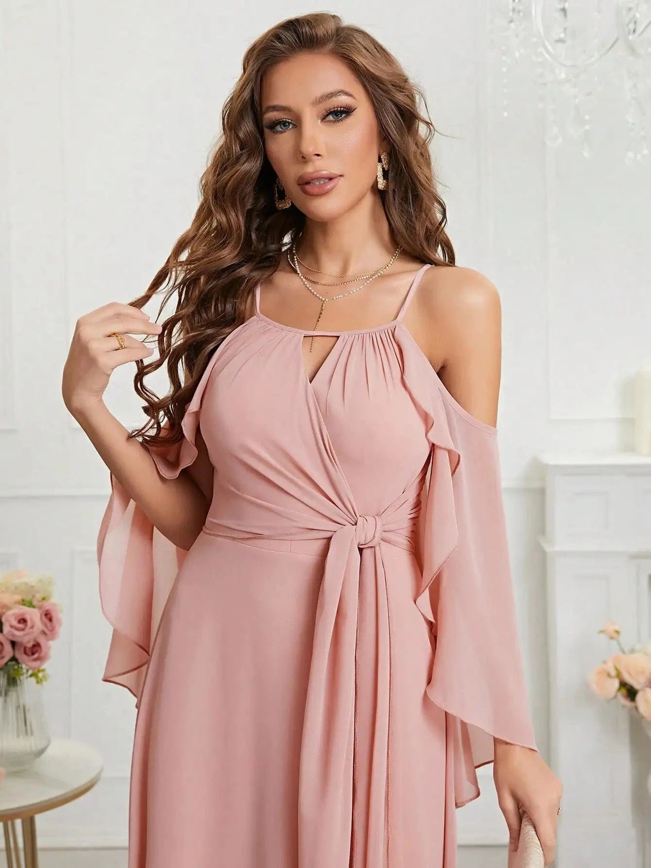 robe demoiselle d'honneur bohème rose poudré longue fluide sans manches pour mariage chic