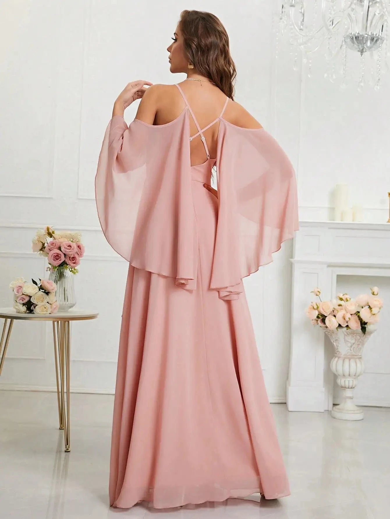 robe demoiselle d'honneur bohème rose poudré longue fluide manches courtes pour mariage chic