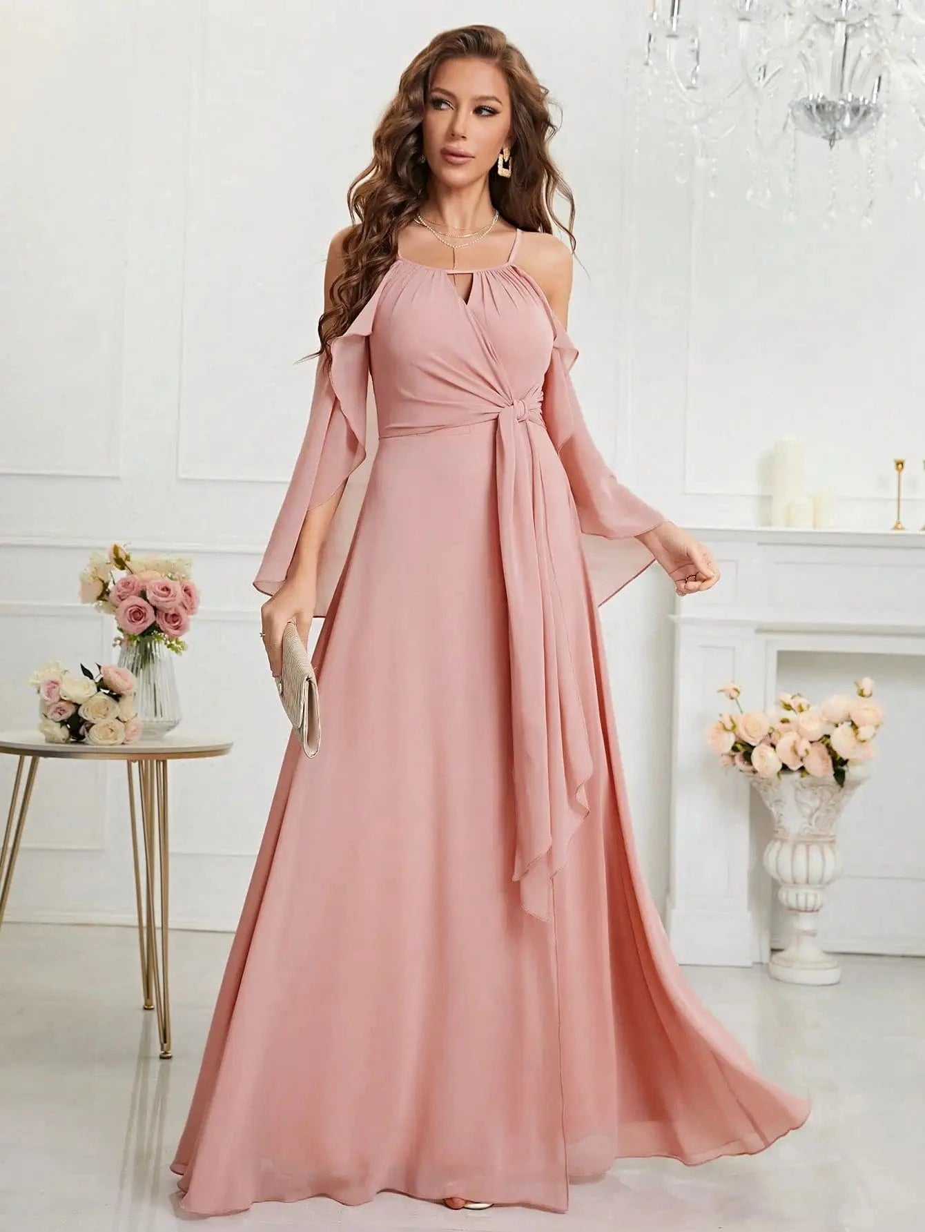 robe demoiselle d'honneur bohème rose poudré longue fluide manches courtes silhouette trapèze élégante