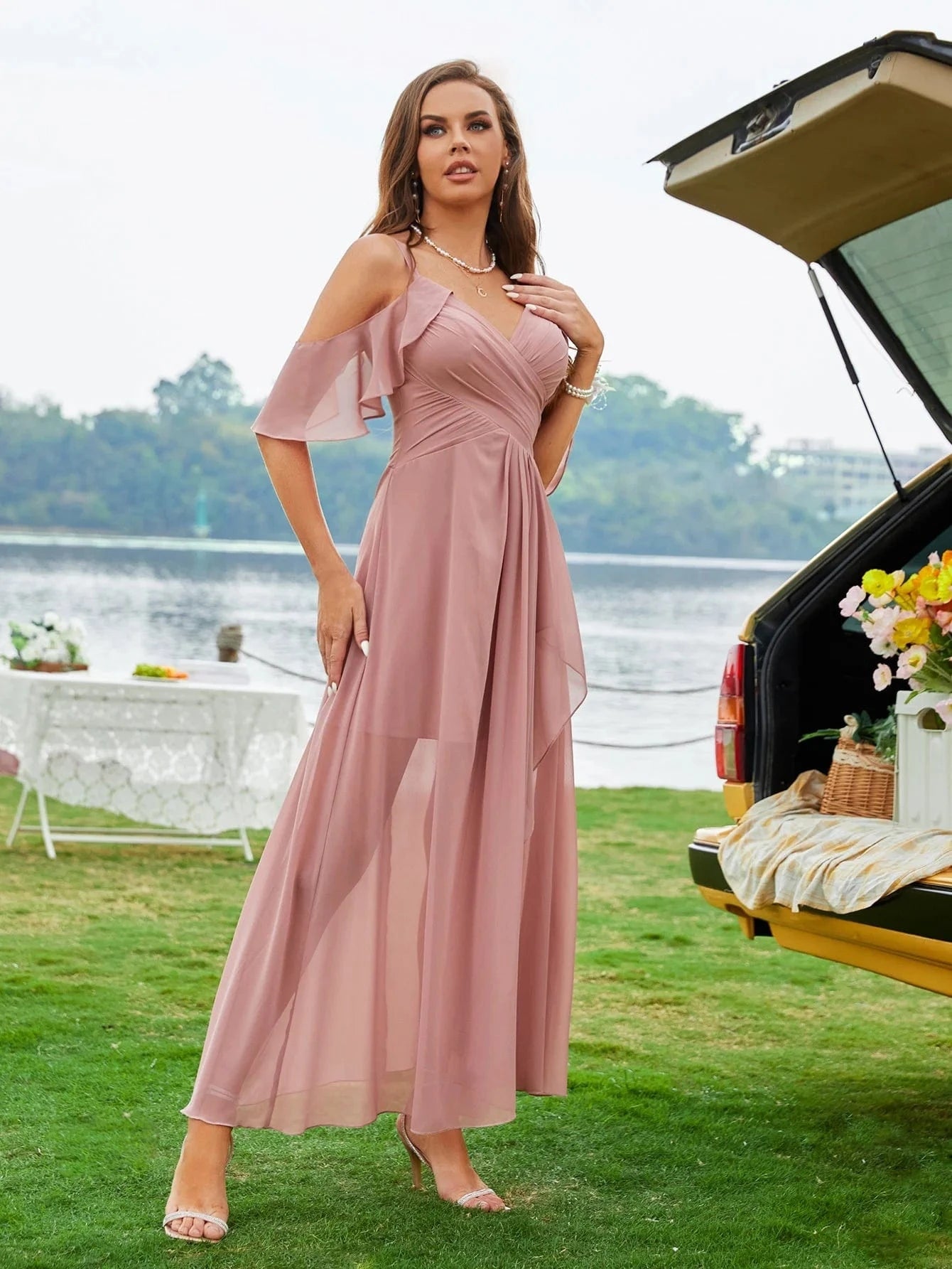 robe demoiselle d'honneur bohème longue transparente manches longues pour mariage chic été