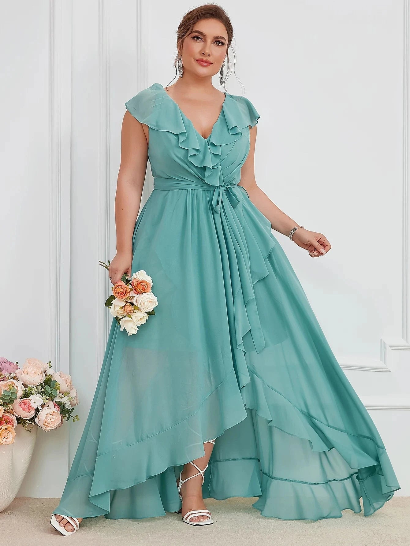 robe demoiselle d'honneur grande taille chic longue trapèze manches courtes rose poudré