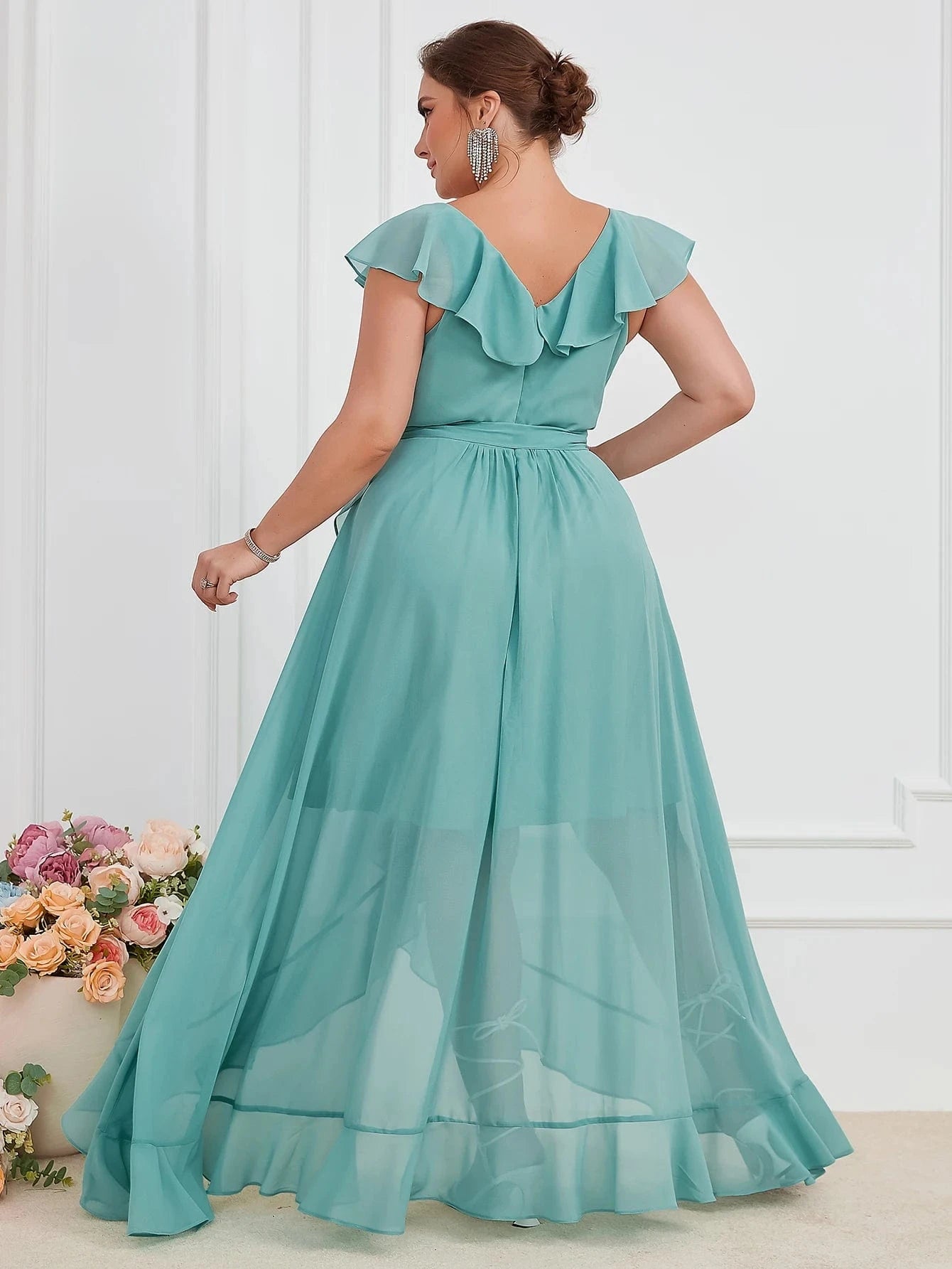robe demoiselle d'honneur grande taille longue fluide trapèze rose poudré manches courtes élégante