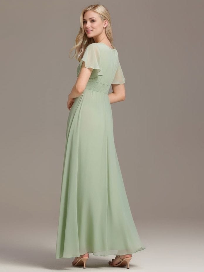 Robe demoiselle d'honneur longue drappée vert sauge fluide