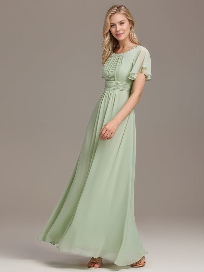 Robe demoiselle d'honneur longue drappée vert sauge fluide