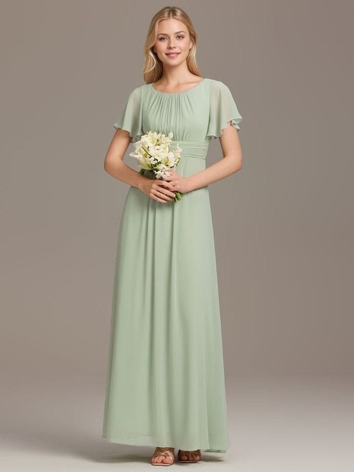 Robe demoiselle d'honneur longue drappée vert sauge fluide