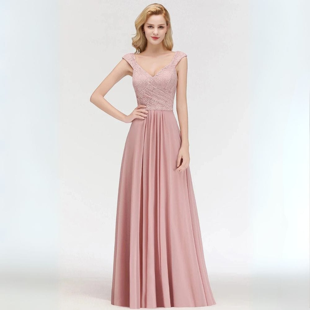 Robe de demoiselle d'honneur chic rose poudré longue trapèze fluide ideale pour mariage