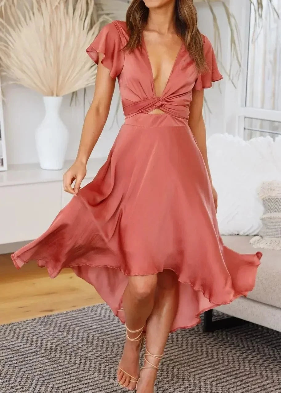 Robe demoiselle d'honneur terracotta asymétrique satinée