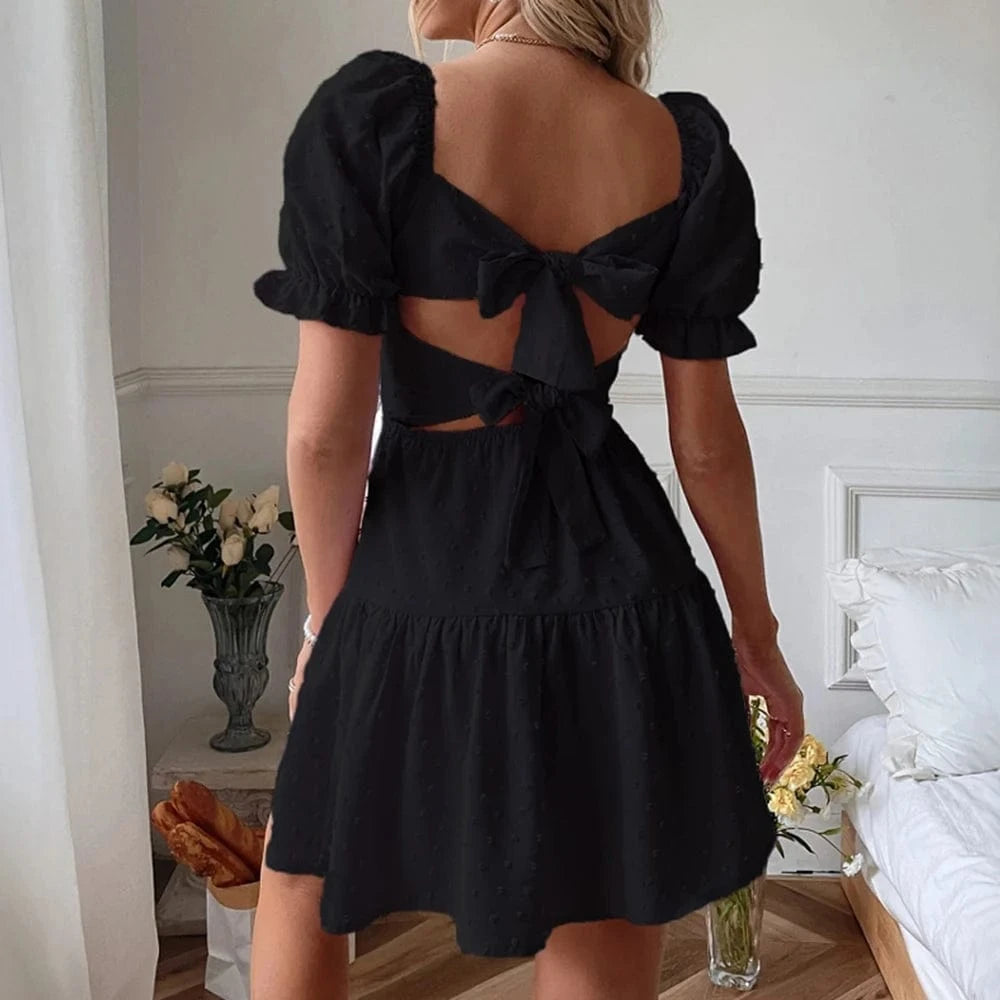 robe été bohème verte courte trapèze à manches courtes bouffantes et encolure carrée pour femme