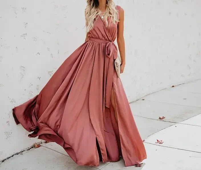 robe été bohème fendue décolleté longue fluide sans manches pour soirée plage chic femme