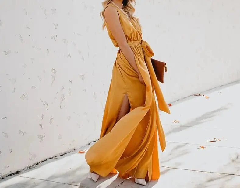 robe été bohème longue fendue décolletée fluide manches courtes parfaite pour mariage invité chic