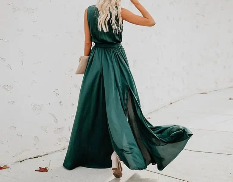 robe été bohème longue fendue décolleté plongeant sans manches fluide pour look chic et décontracté