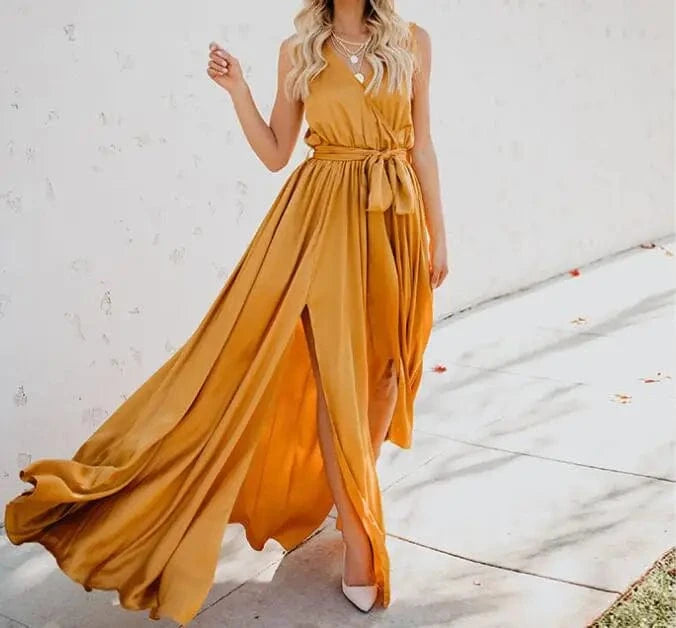 robe été bohème décolletée fendue chic longue sans manches fluide idéale pour plage ou look vacances