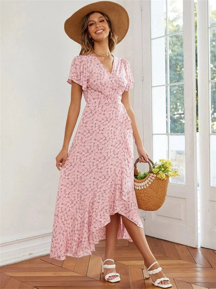 robe champêtre fleurie asymétrique d'été longue sans manches silhouette trapèze idéale pour mariage invité