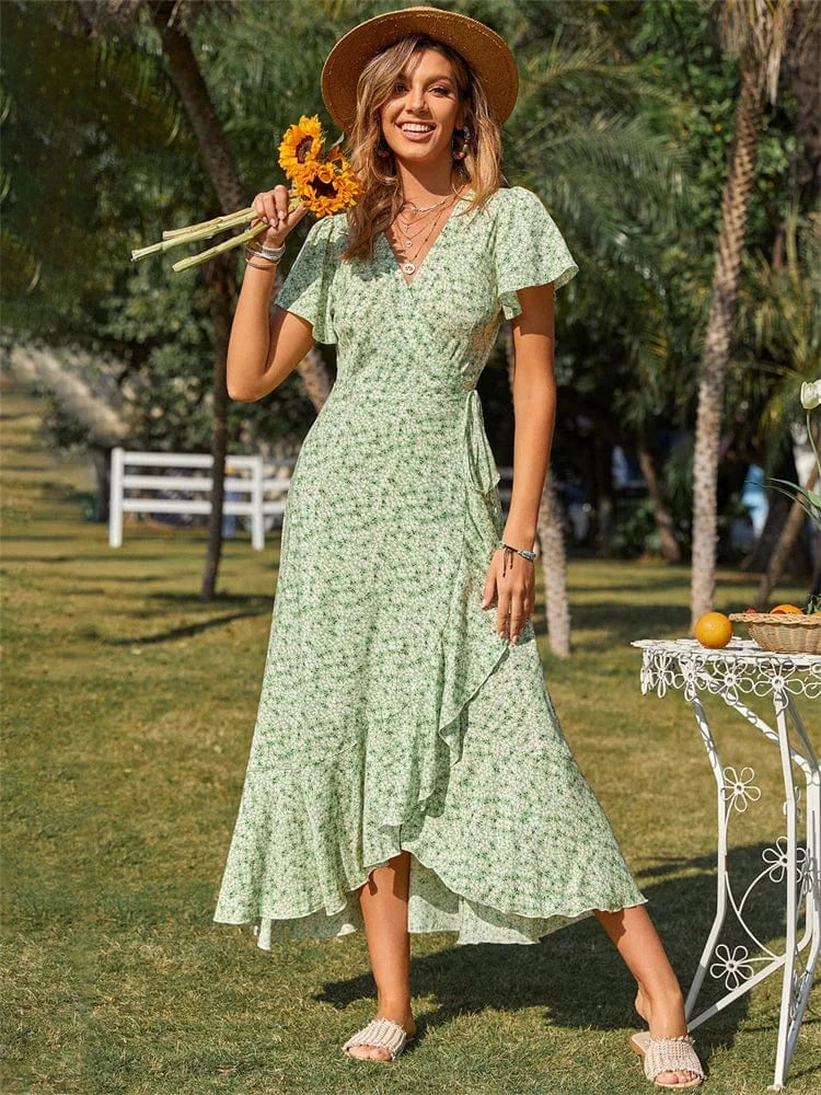 robe champêtre fleurie été asymétrique longue sans manches silhouette trapèze pour invitée mariage