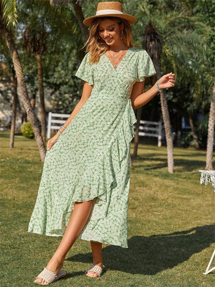 robe champêtre fleurie été asymétrique longue trapèze sans manches pour mariage invité chic