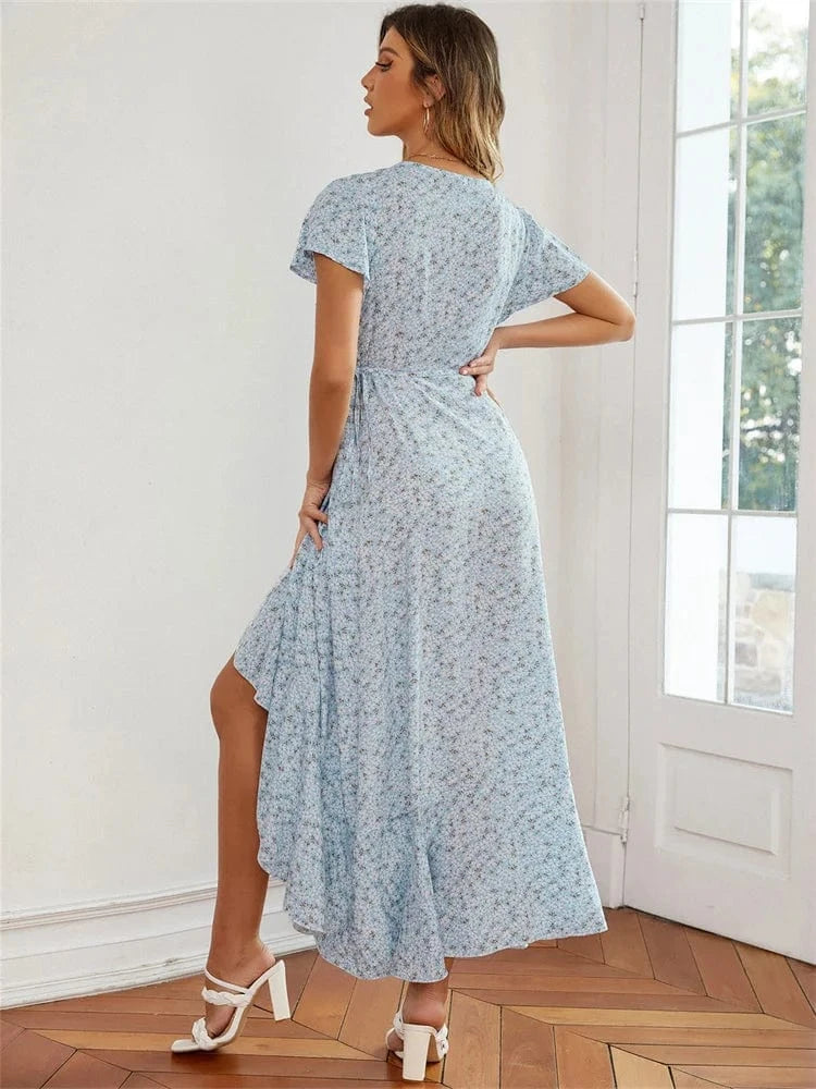 robe champêtre fleurie été asymétrique longue évasée sans manches pour mariage invité bohème