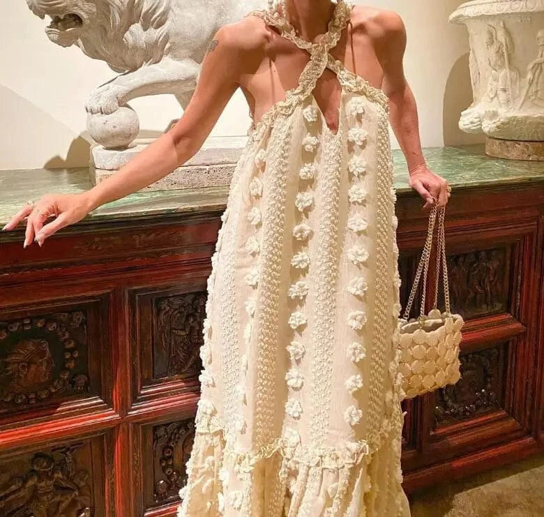 robe été chic dos nu fleurie 3d longue bohème mariage invité épaules dénudées silhouette princesse