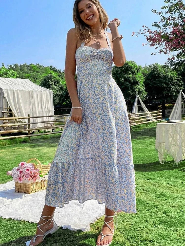 robe été bohème dos nu midi fleurie coupe trapèze idéale pour un look chic et décontracté