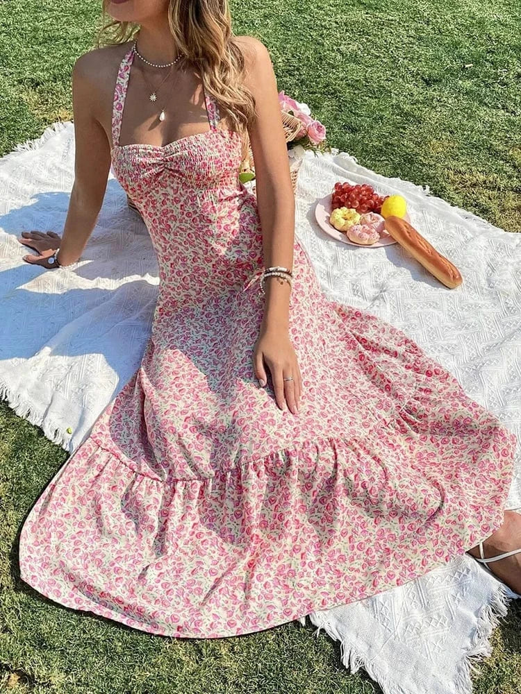 robe été dos nu midi fleurie bohème chic légère et fluide idéale pour mariage invité ou plage