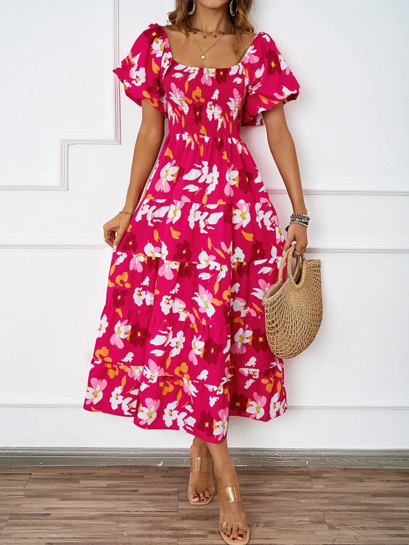 robe été fleurie épaules dénudées midi trapèze bohème chic invitée mariage ou sortie estivale