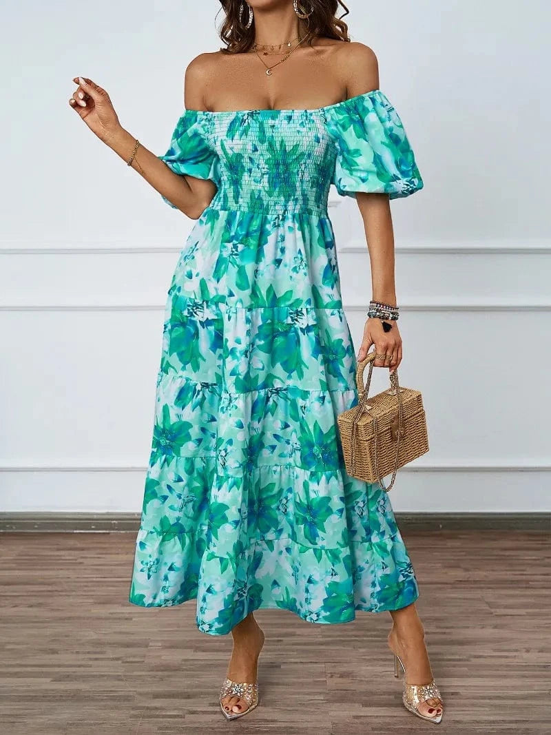 robe été fleurie midi épaules dénudées bohème chic invitée mariage ou sortie casual estivale