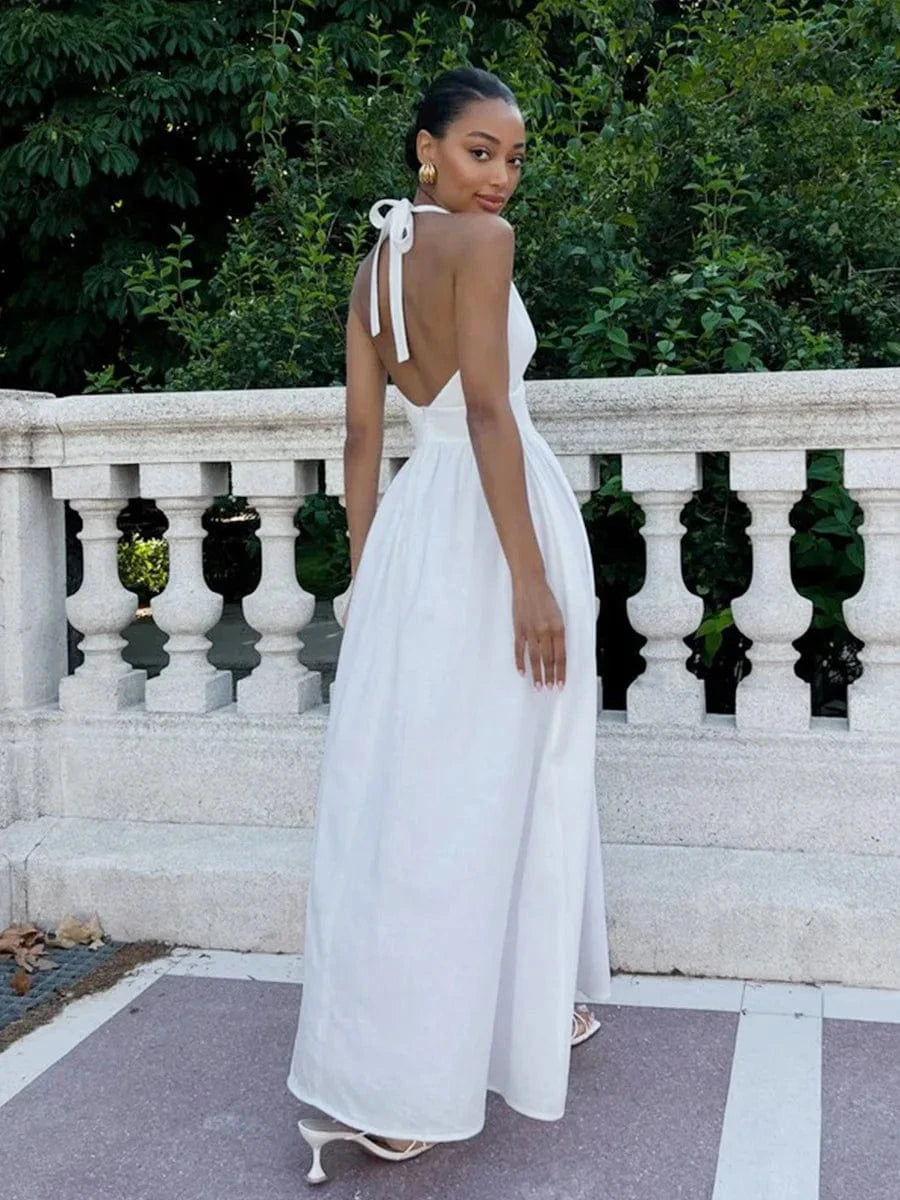 robe été longue fluide sans manches pour plage ou cérémonie casual, coupe évasée et légère