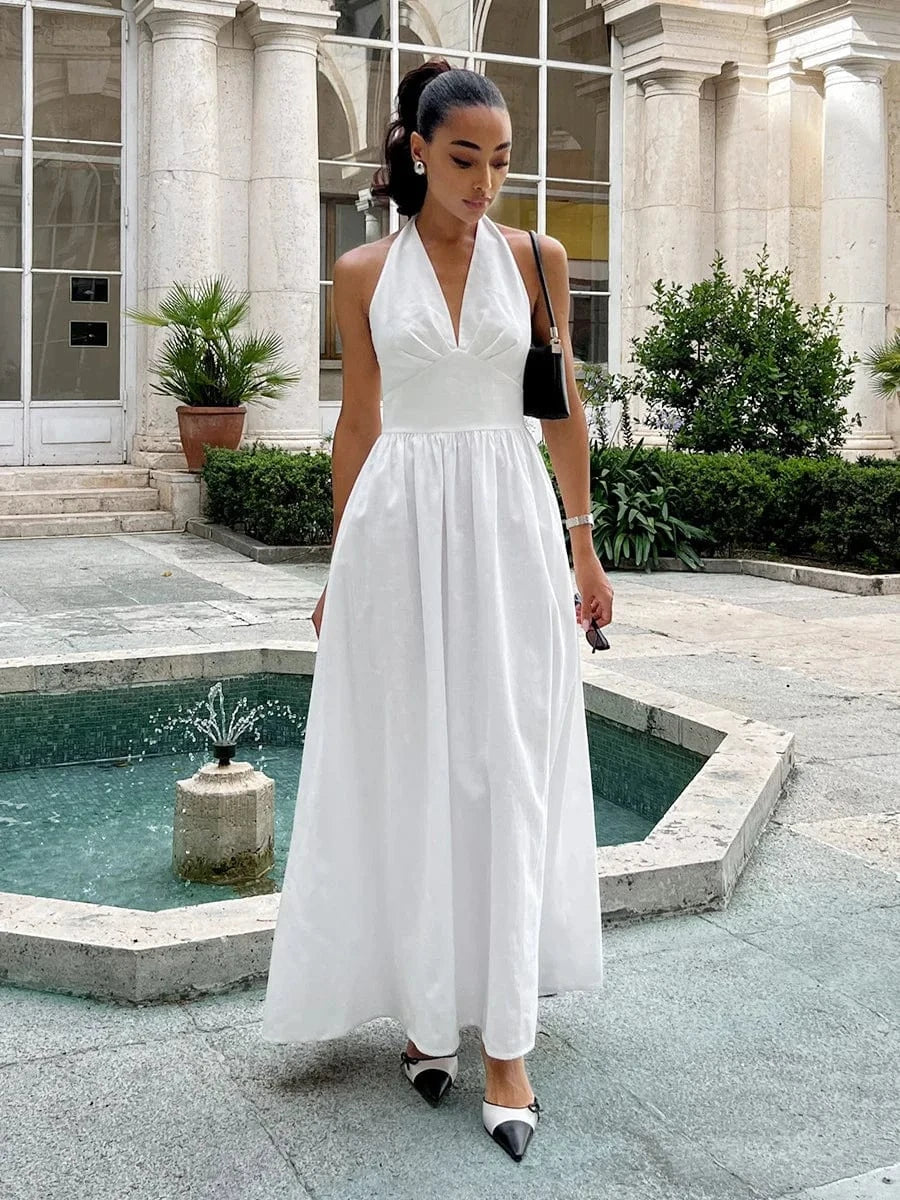 robe été longue fluide sans manches pour mariage invité chic en gaze de coton couleur beige