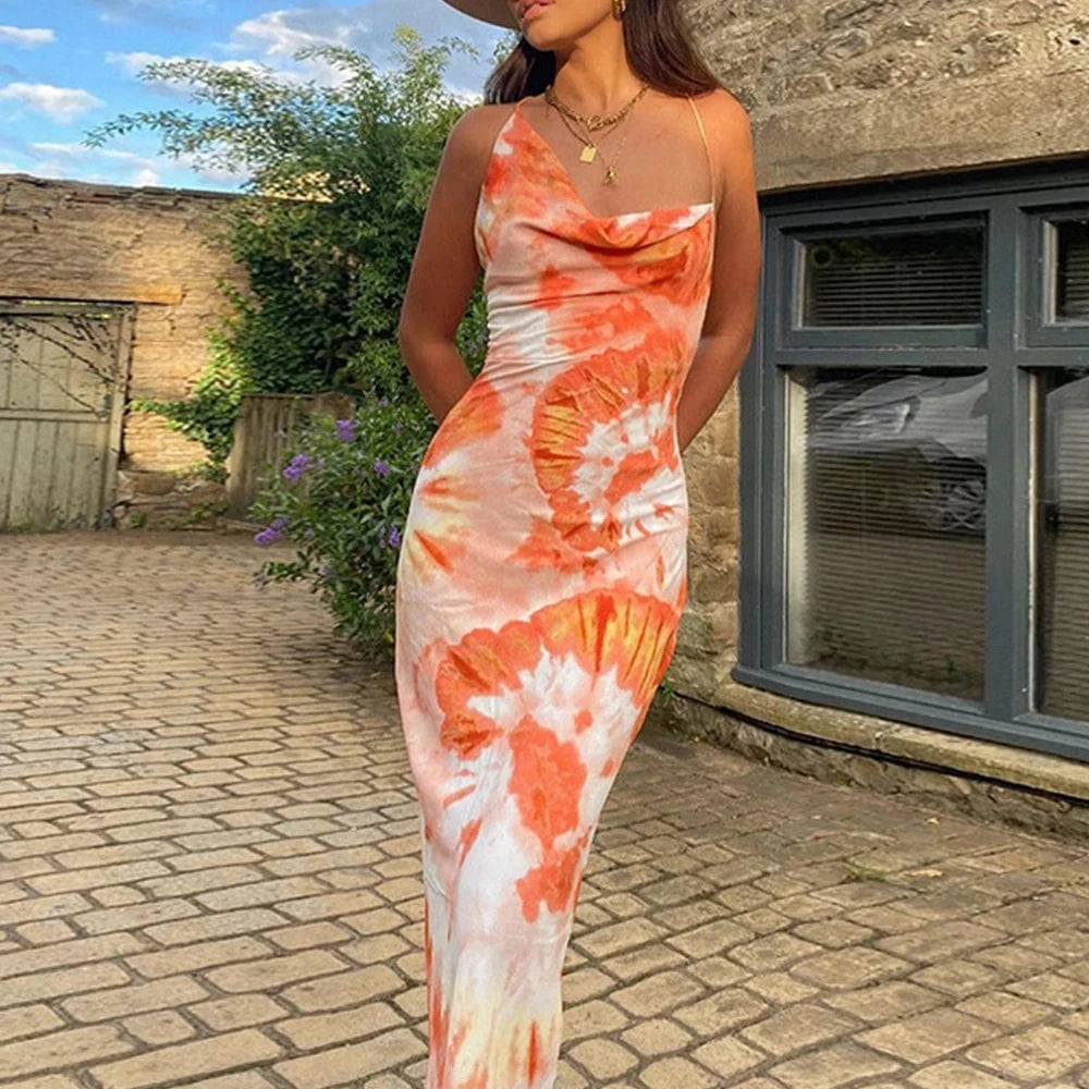 robe été longue fleurie dos nu bohème imprimé coloré silhouette évasée sans manches fluide