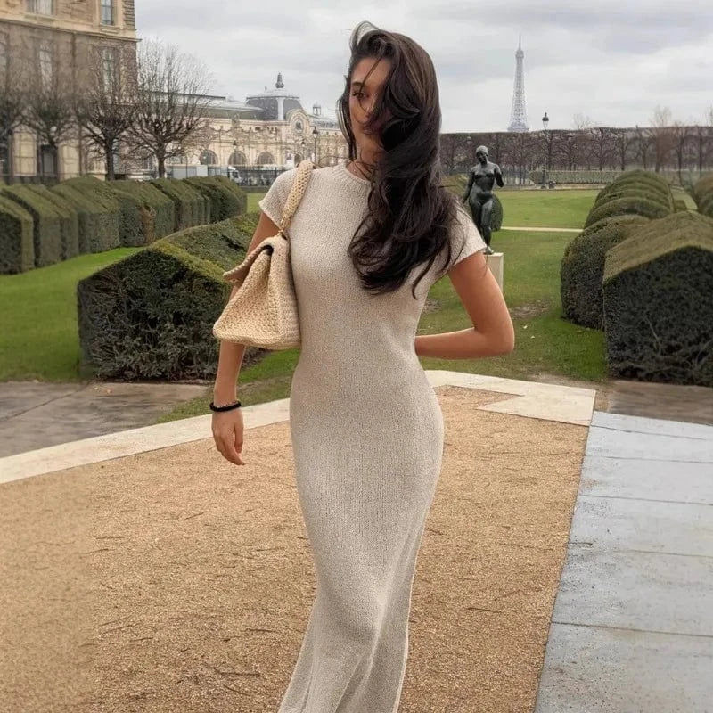 Robe été longue en maille col rond manches courtes