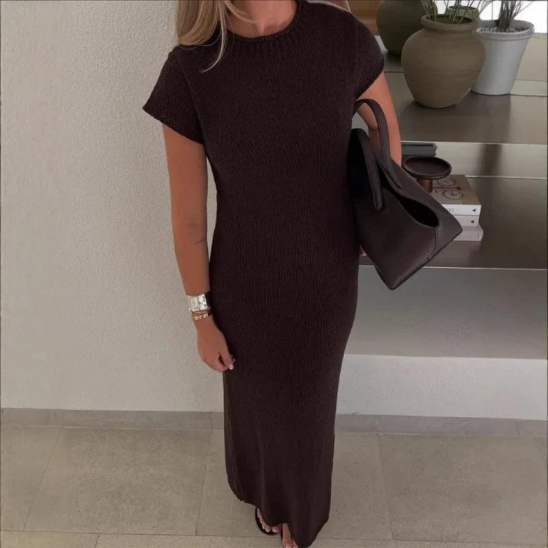 Robe été longue en maille col rond manches courtes