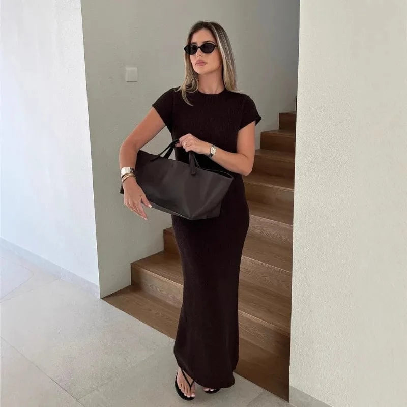 Robe été longue en maille col rond manches courtes