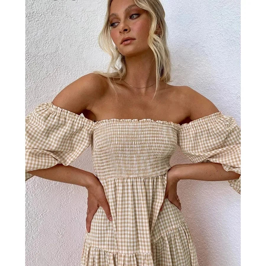 Robe été midi motif carreaux col carré