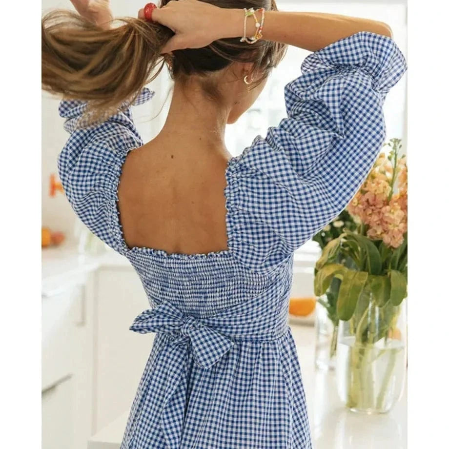 Robe été midi motif carreaux col carré