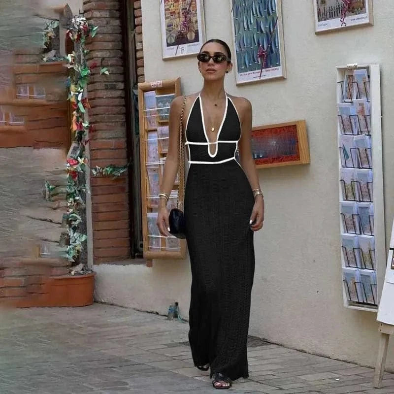 robe été longue dos nu crochet sexy bohème moulante sans manches verte évasée fluide femme