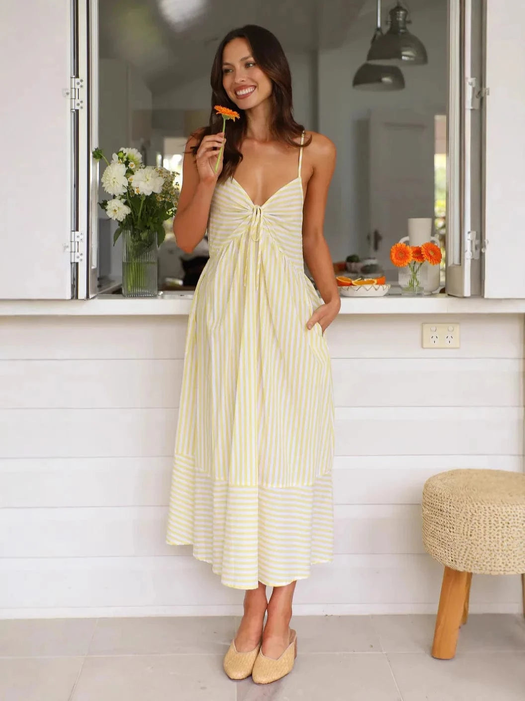 robe été bohème rayée midi à bretelles fluide sans manches pour look casual chic féminin