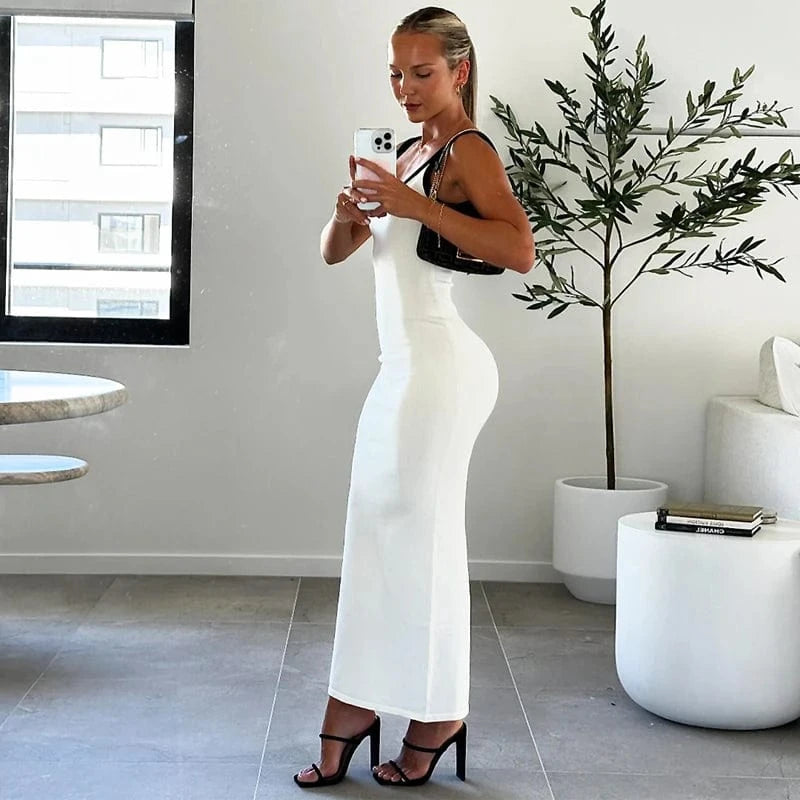 robe été sexy dos nu fendue moulante longue sans manches silhouette moulante couleur rouge