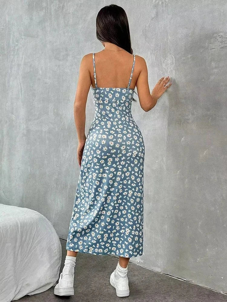 robe été sexy fleurie dos nu fendue longue style moulant pour soirée plage ou vacances d'été