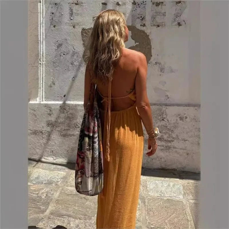 robe de plage bohème dos nu longue fluide femme sans manches pour un été chic et romantique