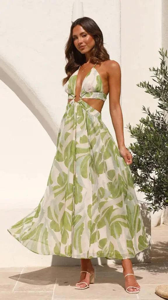 robe été bohème verte longue dos nu fluide pour plage ou mariage invité champêtre