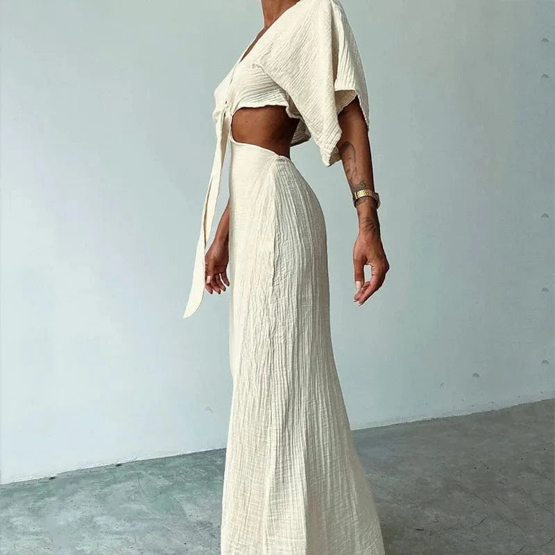 robe été longue dos nu sexy en lin et coton pour un look chic et léger lors des journées ensoleillées