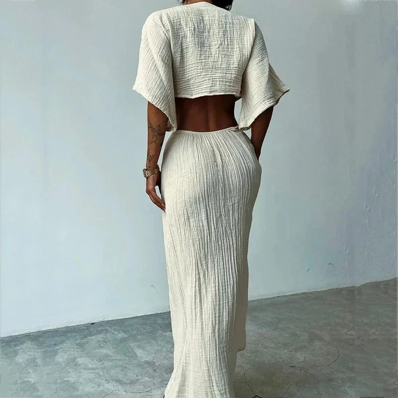 robe été sexy longue dos nu moulante en lin coton idéale pour soirée plage ou vacances d’été