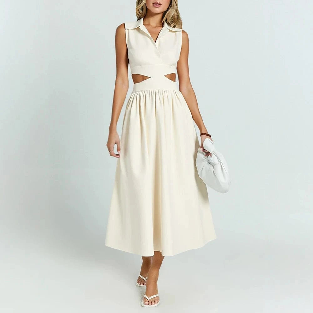 robe évasée beige midi chic à col chemise pour un look casual élégant au printemps ou en été