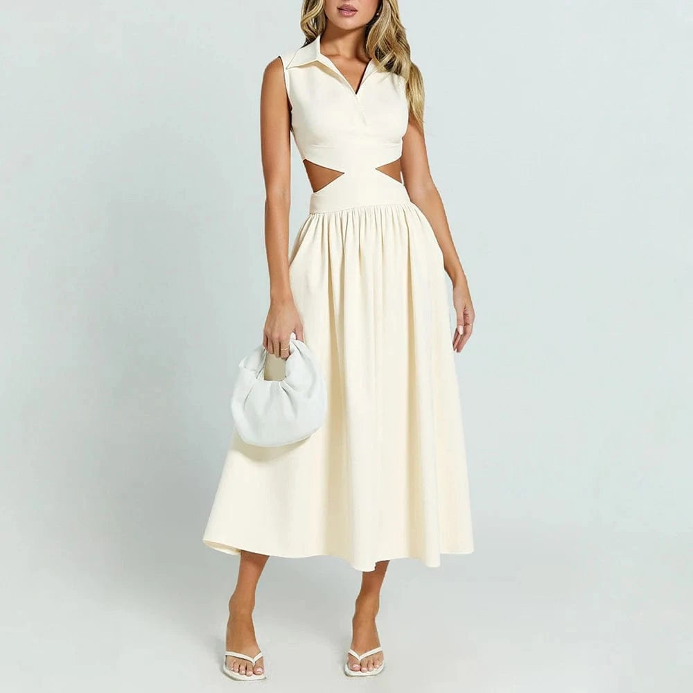 robe évasée beige fluide femme midi col chemise style casual pour l’été manches courtes