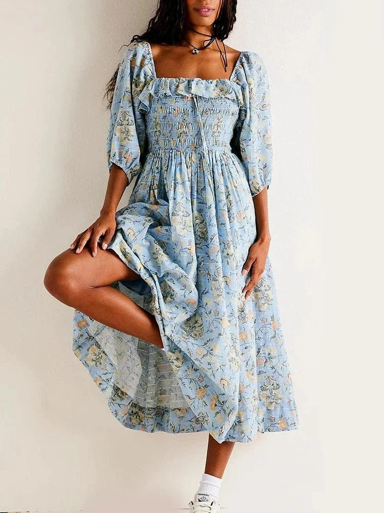 Robe fleurie bohème bleue col carré